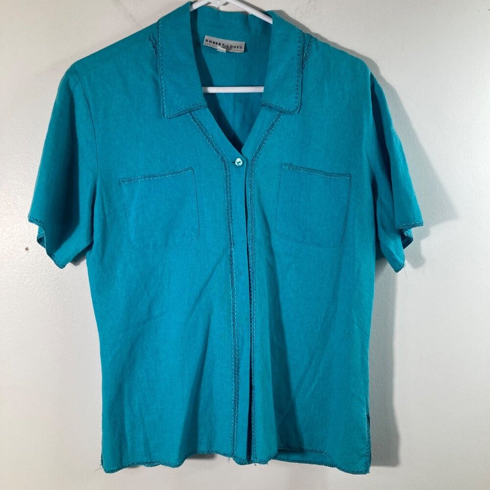 Womens Vintage Robert Louis Linen Button‎ Shirt Embroidered M Turquoise